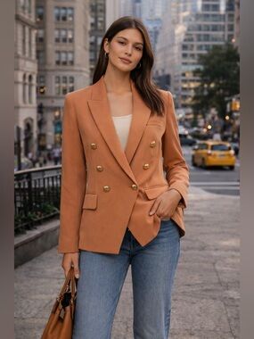 L’Agence Double Breasted Blazer Size 2 Tan Gold Button Designer Jacket